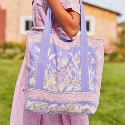 April Cornell Clover Floral Market Bag Tote Purse 100% Cotton Periwinkle & Pink