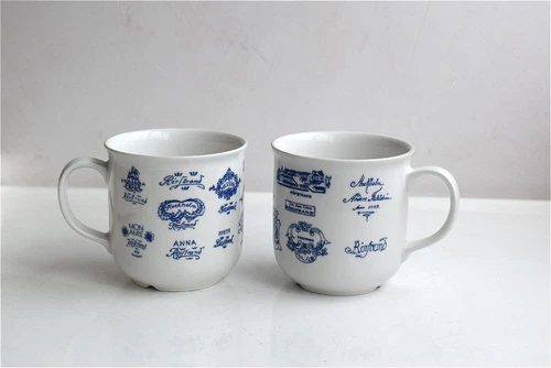 Vtg Set of 2 Rorstrand Diamant White Blue Porcelain Tea Mug Coffee Large Cup MCM