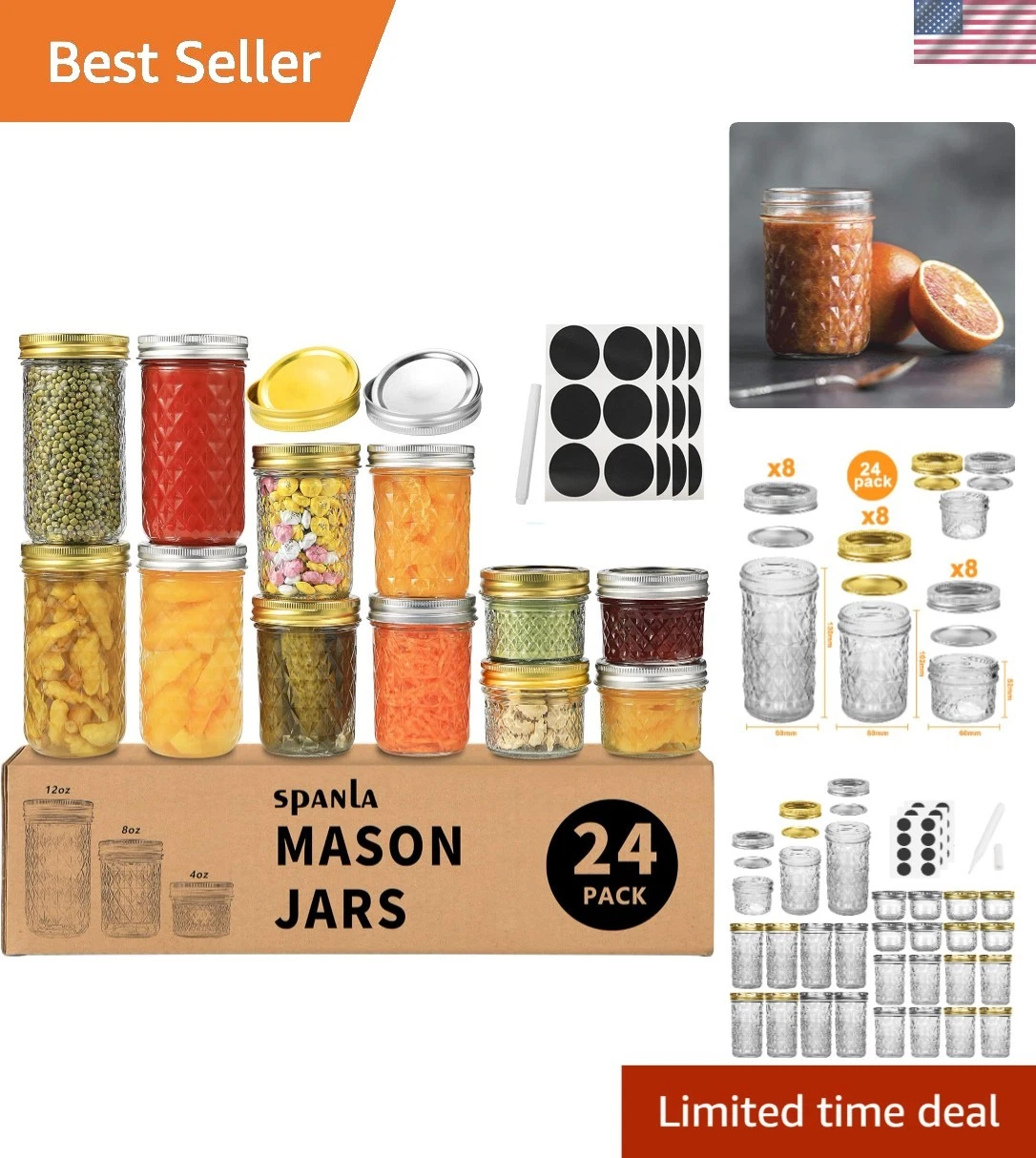 Durable BPA-Free Glass Mason Jars, 24 Count - Perfect for Preserves & Crafts