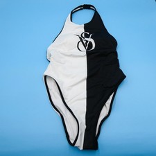 Victoria's Secret One Piece Swimsuit Womens Medium Halter Black White Recycled