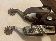 FG Silver Horse Show Reining Spurs with Offset Shanks and Tooled Leather Straps