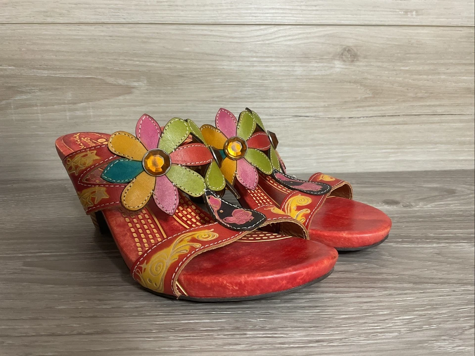 Spring Step Papaya Sandals Womens Size 37 Red Multi Flower Leather Heels Shoes - Image 2 of 4