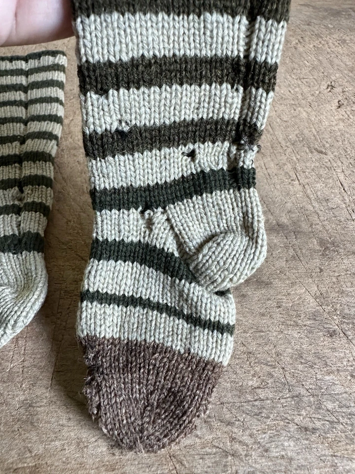 BEST ANTIQUE 19th C Child's Hand Knit Socks Textile Striped Olive Green - Image 4 of 4
