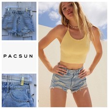 PacSun Light Blue Ripped High Waisted Denim Festival Shorts Size 24