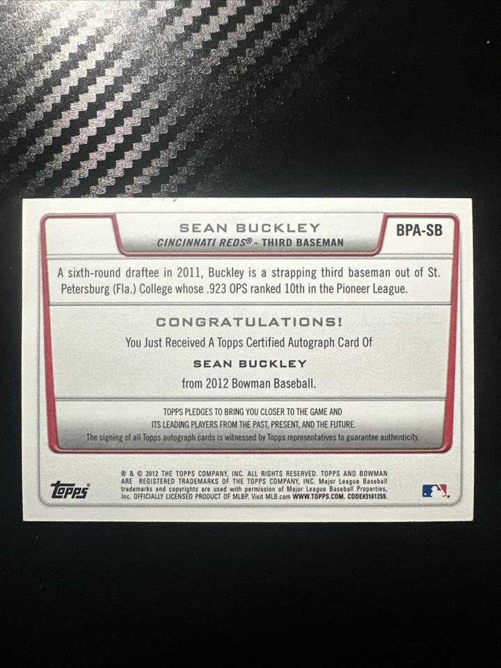 2012 Bowman - Retail Prospect Autographs Sean Buckley #BPA-SB (AU, RC) (C3) - Image 2 of 2