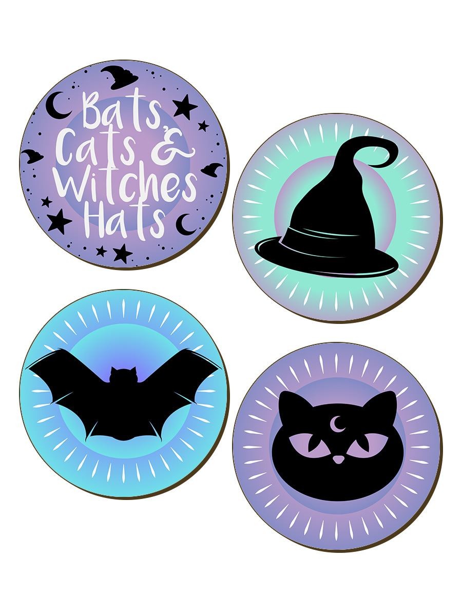 Coaster Set Bats, Cats & Witches Hats Pastel Goth 4 Piece Purple 9.2 x 9.2cm