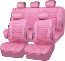 Pink Leather Car Seat Covers Full Set Waterproof Sparkly Rhinestone For Suv