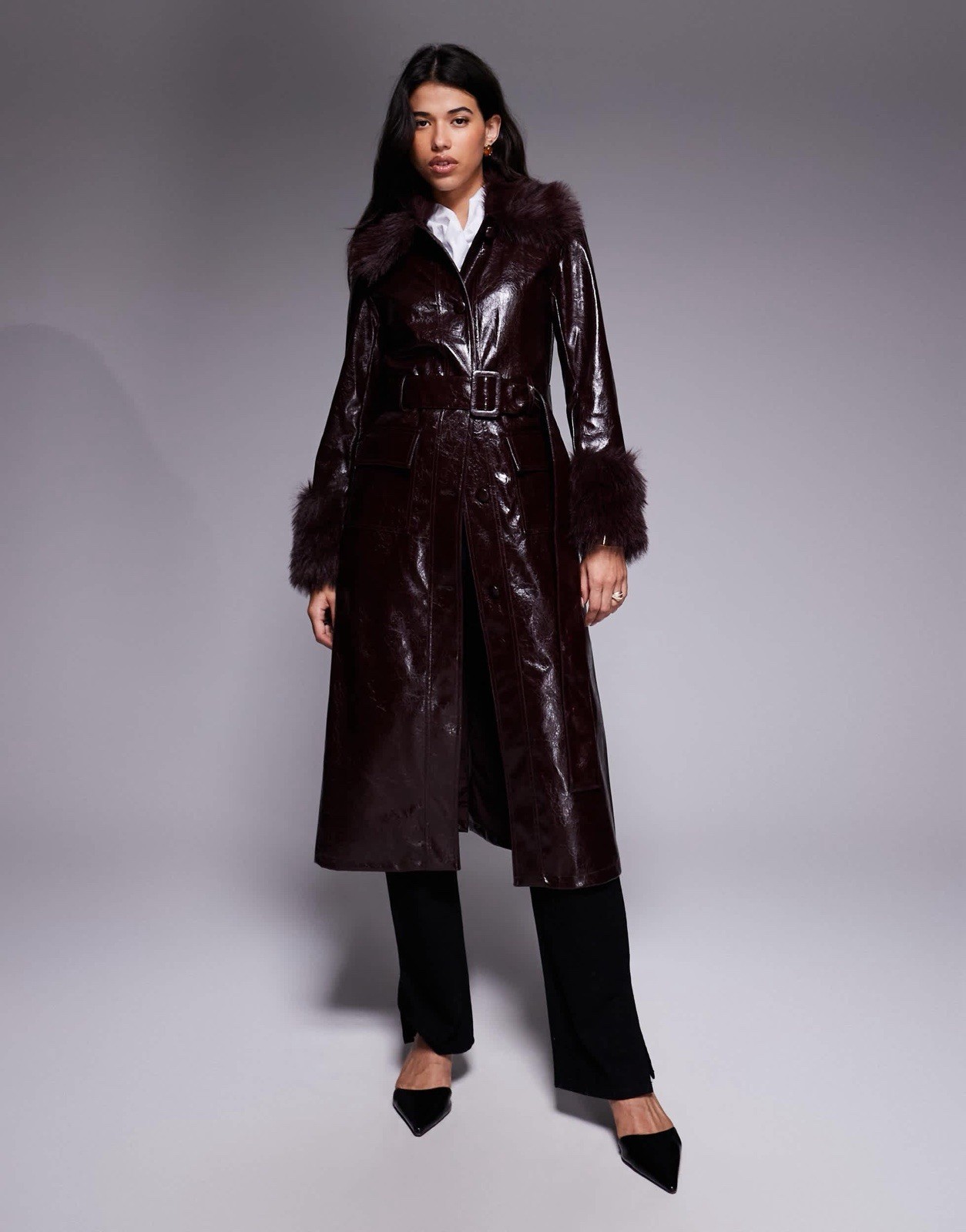 NWT River Island Studio Faux Fur Trim Leather Trench Coat Dark Red, Sz 2, $168