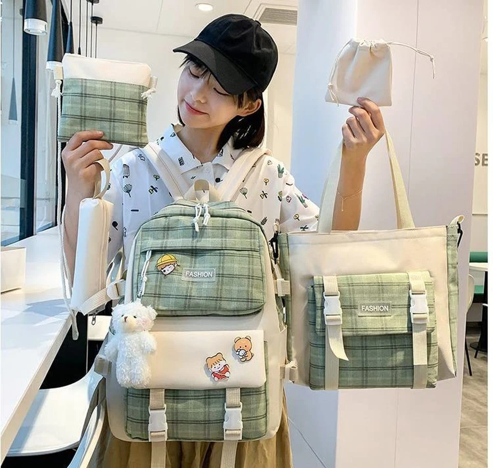 Juego combinado de mochila Kawaii de lona de 5 piezas con lindos alfileres colgantes de oso a cuadros... Foto 2 de 4