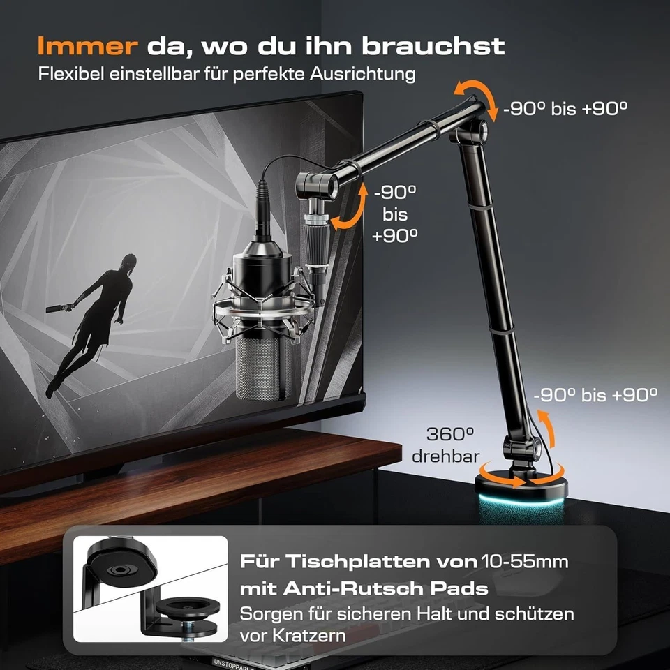 ZOCKADEL Mikrofon Arm Tischhalterung – Slim Design, RGB Basis, 360° Drehung - Bild 3 von 4