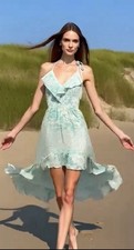 NEW $258 GUESS Dress Sundress s 6 8 green lily ruffle beach floral pulitzer