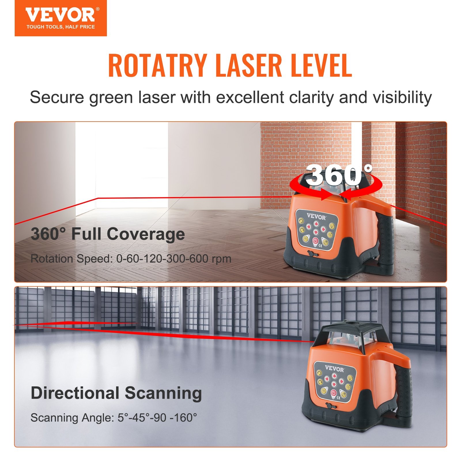 VEVOR Laser Level 1650ft 360 Degree Self Leveling Red Cross Line Laser 5 Rotatio