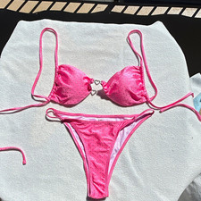 Small Pink Studded with Rhinestone Heart Bikini 2 Piece Set Lined Stretch
