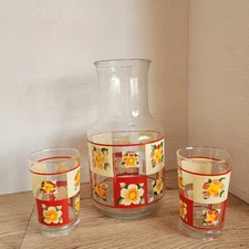 Vintage KIG Indonesia Glass Pitcher & Cups 3PCS Set Carafe Red & Yellow Flowers