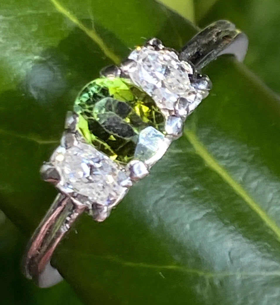 Green Garnet Diamond Platinum Three Stone Ring Vintage Size 5.75 6