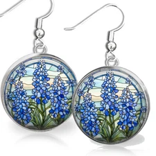 Texas Bluebonnet State Flower Earrings Faux Stained Glass Art Sterling Silver
