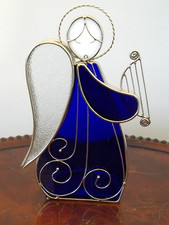 STAINED GLASS BLUE ANGEL CANDLE HOLDER 3-D PLAYING HARP TEA LIGHT HALO 8"...