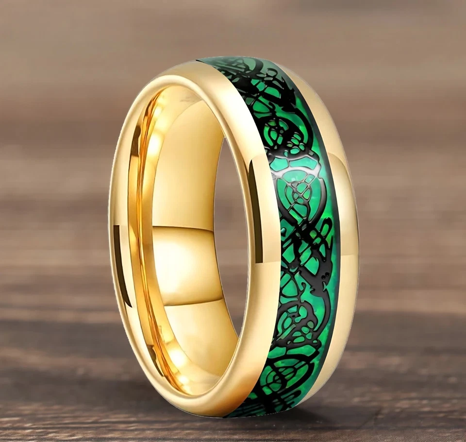 Banda de anillo de carburo de tungsteno con incrustación de dragón verde de fibra de carbono pulido cúpula de 8 mm Foto 3 de 4