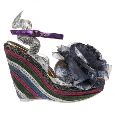 IRREGULAR CHOICE WEAVER SILVER SHOES 7.5 9.5 PLATFORM WEDGE PURPLE FLOWER WILD
