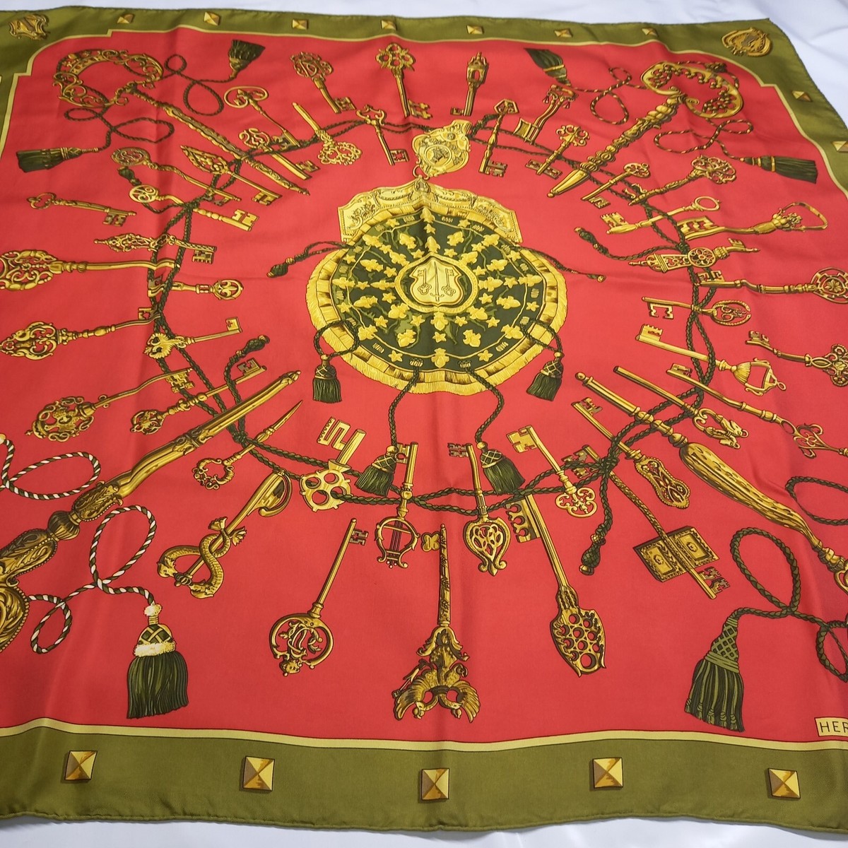 Rare Vintage Hermes Red and Green Scarf Paris The Keys 