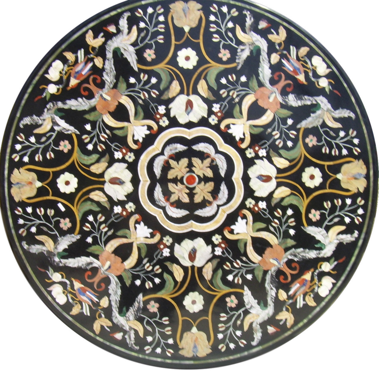 36-Inch Round Black Marble Table Top with Multi-Stone Handicraft Inlay Artwork