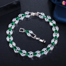 Trendy Green White Salix Leaf CZ Crystal Chain Link Bracelet for Women Costume