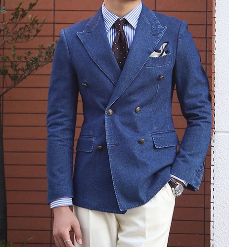 Chaqueta blazer de mezclilla para hombre trajes de solapa pico de doble pecho ajuste a medida 38 40 42 - Imagen 8 de 12