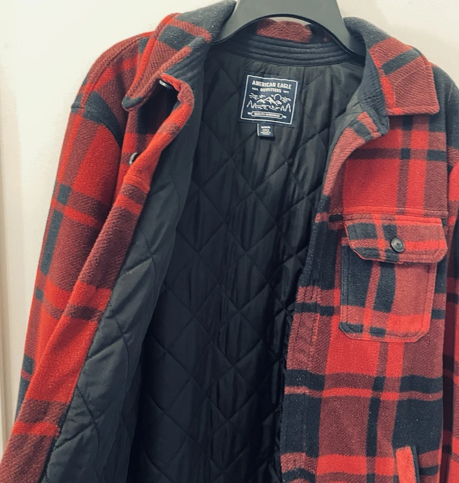 American Eagle Jacket Medium Buffalo Plaid Red Black Lined Quilted Vintage - Image 3 of 4