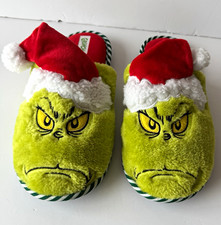 Dr Seuss The Grinch Plush Slippers M8 W9.5 Green Santa Hat Christmas