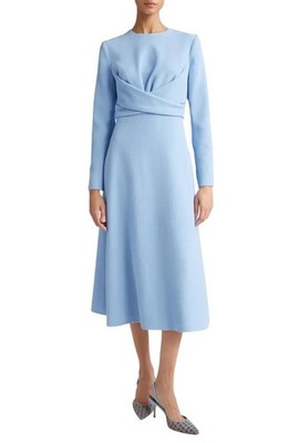 $1,925 - Emilia Wickstead Elta Wrap Front Double Crepe Midi Dress in Blue US 2