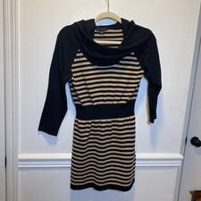 Fit & Flare Sweater Dress Cowl Neck Preppy Parisian Stripe Knit L