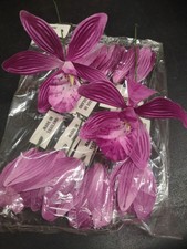 12 Stems 1970s Vintage Silk Orchids, 9" Cymbidium Orchid Flower Pick Plum Purple