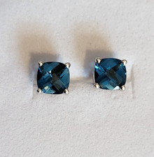 14k Solid White Gold Natural Cushion Cut 6 mm London Blue Topaz Stud Earrings