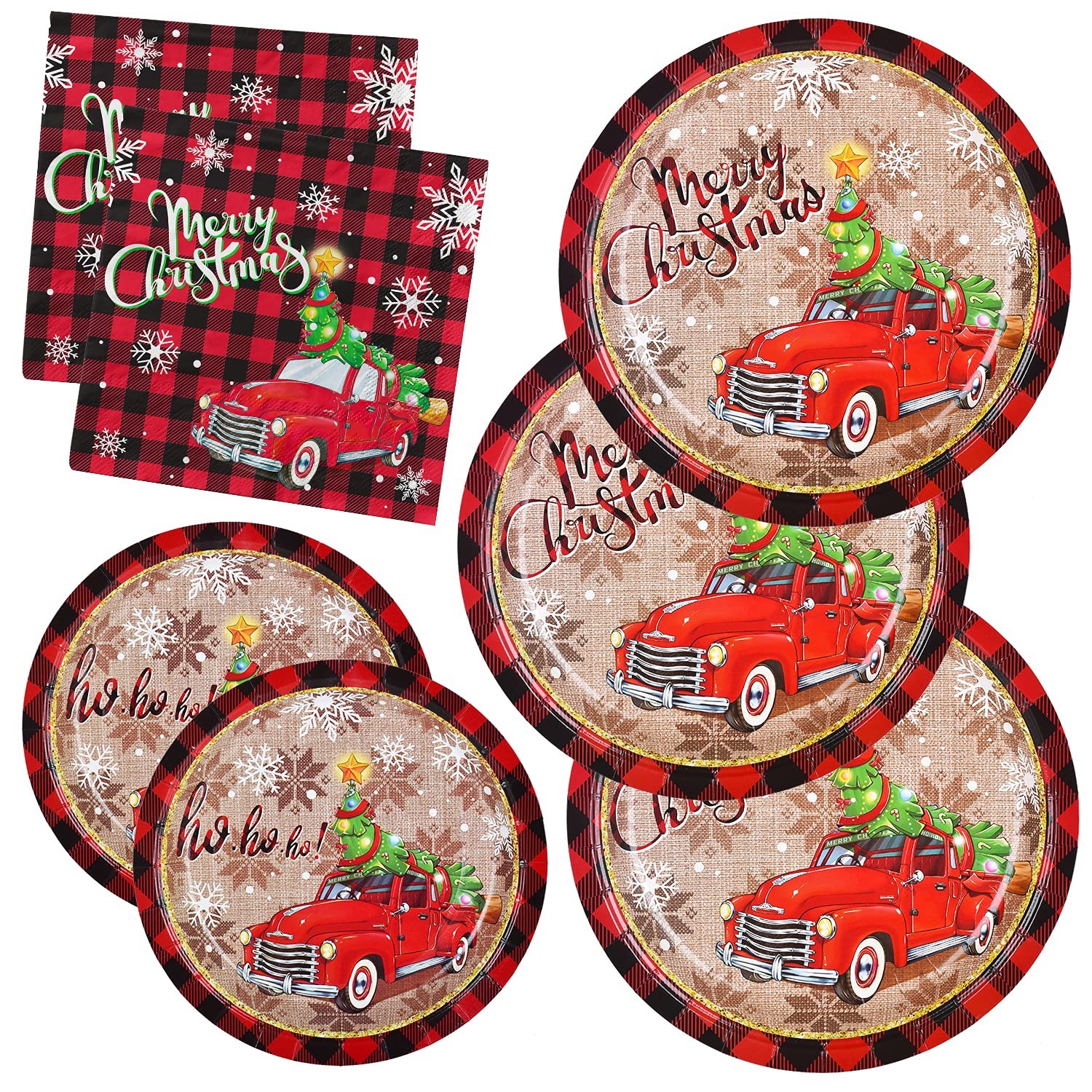 Christmas Plates and Napkins Gatherfun Pickup Truck masTree Serve 50, Red