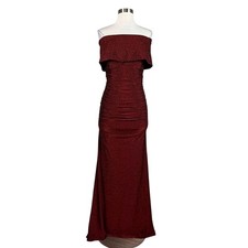 Vince Camuto Women's Dress Size 8 Red Metallic Off the Shoulder Ruched Gown
