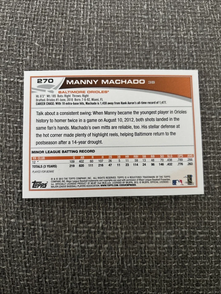 2013 Topps - Manny Machado #270 (RC) Foto 2 de 2