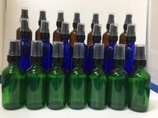 21 Pc - 2 oz COBALT BLUE GREEN AMBER GLASS FINE MIST SPRAYER BOTTLES BLACK SPRAY