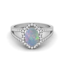 7x5MM Oval Opal Gemstone 925 Sterling Silver Split Shank Halo Women Wedding Ring
