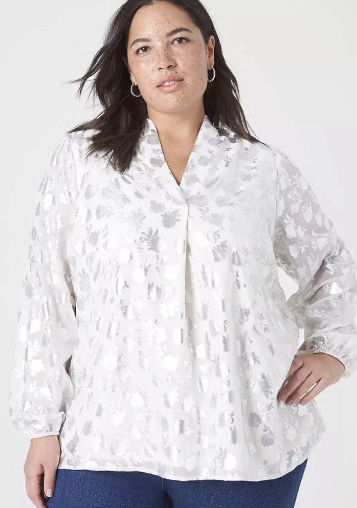 Lane Bryant 26 Plus Chiffon Holiday White Silver Long Sleeve Shawl Blouse Foil