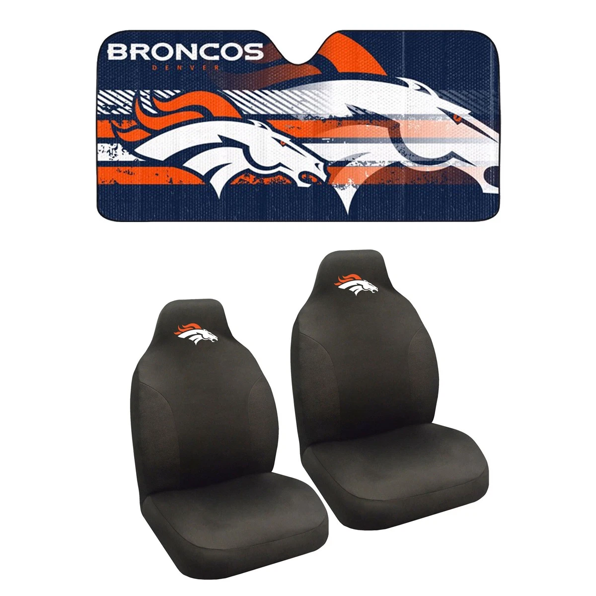 NEW NFL DENVER BRONCOS 2PC Seat Covers and Windshield Folding Sun