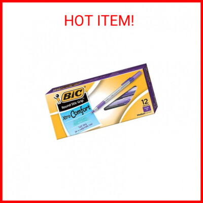 BIC  Round Stic Grip  Xtra Comfort Fashion Ball Point Pen, Purple, 12 Pack