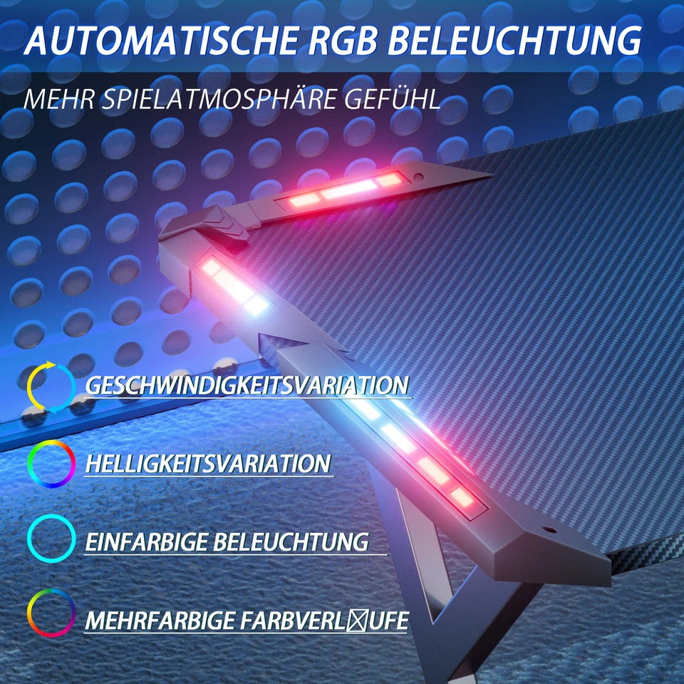 100/120/140/160cm LED Gaming Schreibtisch Ergonomischer Gaming Computertisch - Bild 3 von 4