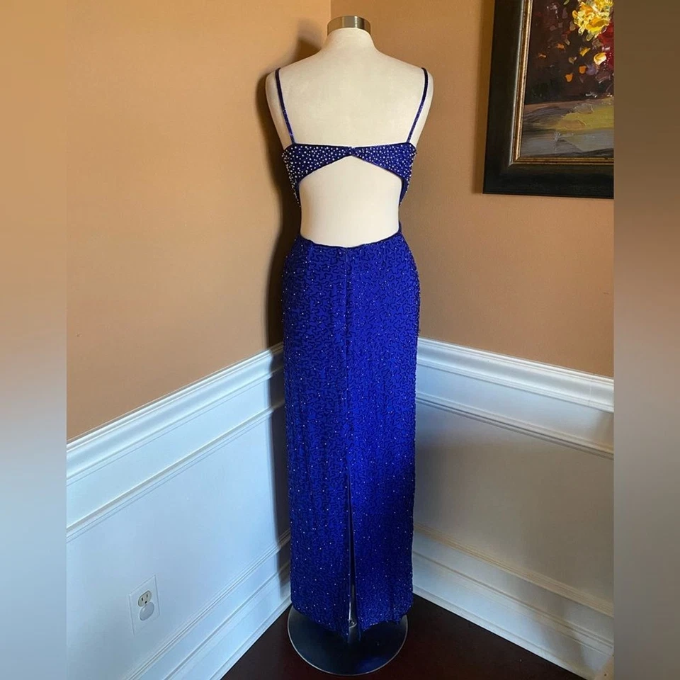 Maxi Vestido Sean Seda Cuentas Corte Correa Espagueti L Baile de graduación Concurso Corbata Negra Foto 4 de 4