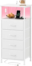 White Nightstand with Charging Station and LED Light for Bedroom, Tall 4 Drawers