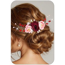 Rose Flower Hair Vine Red Rhinestone Wedding Piece Pearl Bridal Headpiece
