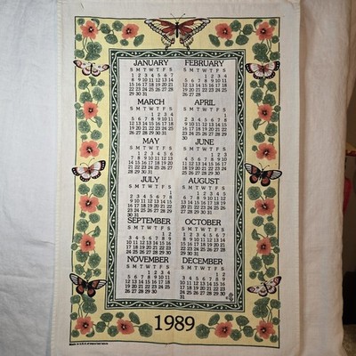 1989 Cloth Kitchen Calendar Wall Hanging Tea Towel Butterfly Morning Glory Flora
