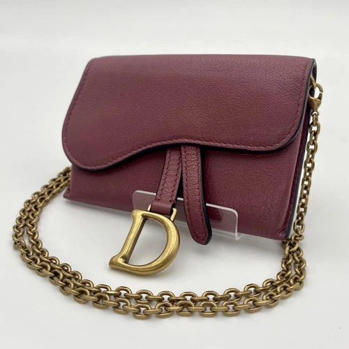 Sacoche de selle bandoulière Christian Dior cuir rouge L4,3 x H3,2" chaîne dorée sangle : 47"