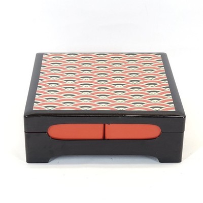 Vtg Japanese Lacquerware Bento Box Seigaiha Wave Jewelry Trinket MCM 8.75'' READ