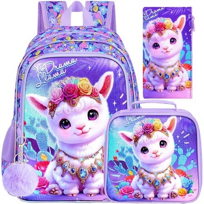 Alpaca Bookbag Girls 16 Inch Kids Backpack Lunch Box Water Resistant 3 PCS