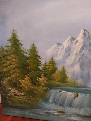 Original Vintage Signed Oil Painting MOUNTAINS TREES WATERFALL 36" X 24" - Picture 6 of 10